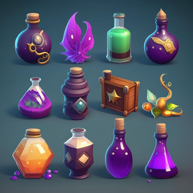 Set of bottles for fantasy game cartoon style