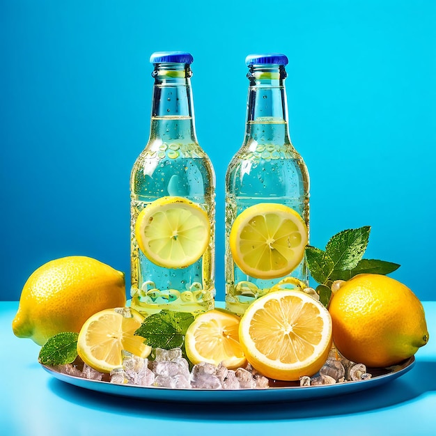 Set of bottles with tasty lemon drink with lemon on a plate