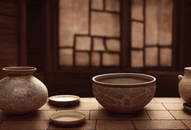 A set of bowls and cups sit on a table