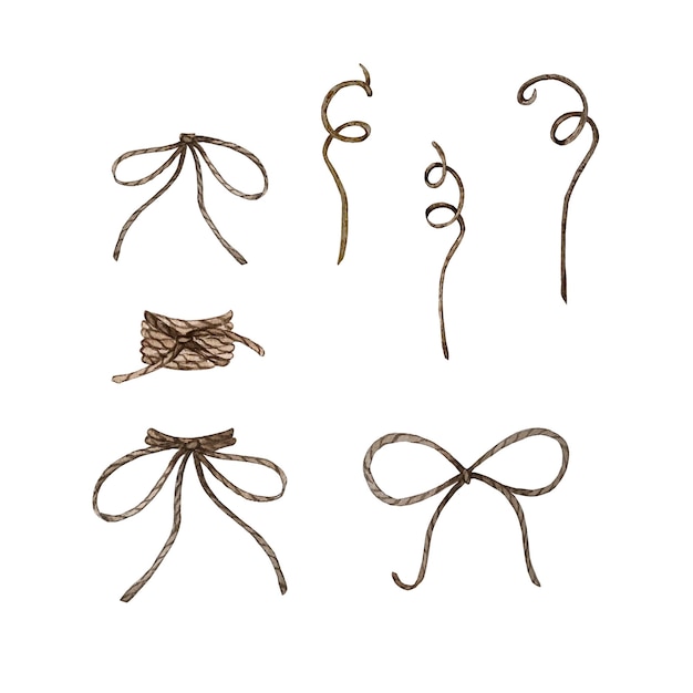 Set of bows made of twine and dry curls Watercolor illustration