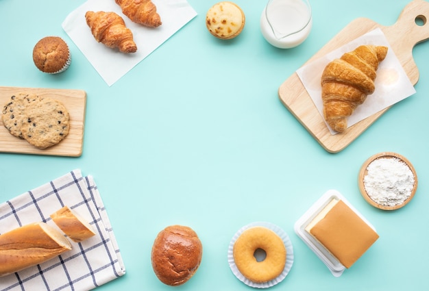 Set of breakfast food or bakery,cake on table