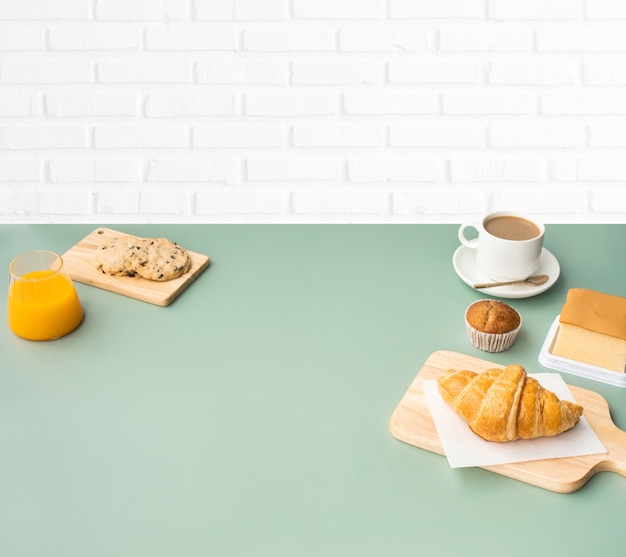 Set of breakfast food or bakery and coffee on table kitchen background