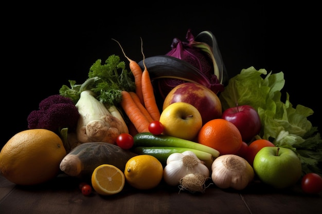 Set of bright fresh vegetables and fruits on the table Food background soft light advertising photography commercial photography generative AI