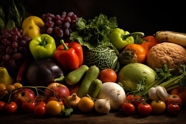 Set of bright fresh vegetables and fruits on the table Food background soft light advertising photography commercial photography generative AI