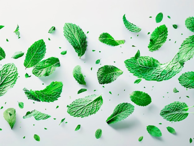 Set of bright mint leaves isolated on white background photography of MINT falling from the sky hyperpop colour scheme glossy white background