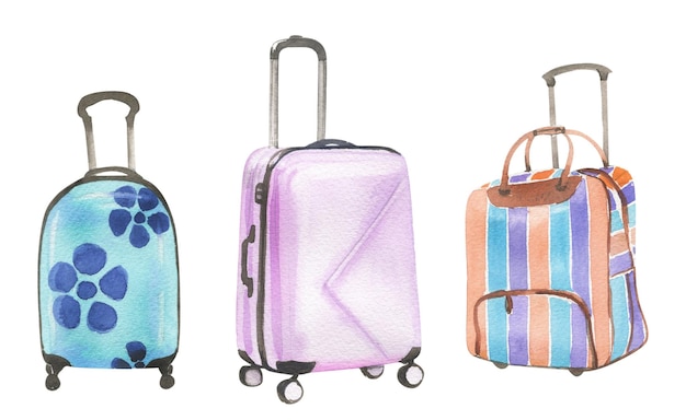 Set of bright travel suitcases painted in watercolor