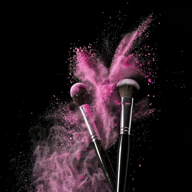 a set of brushes with pink powder in the background