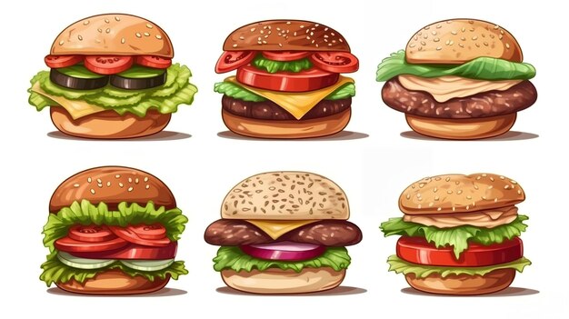 A set of burgers with different toppings.