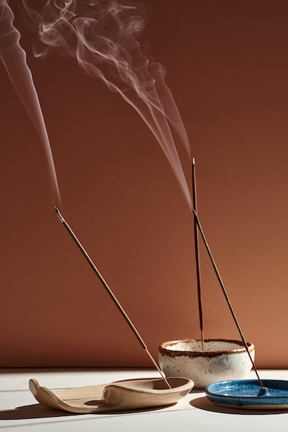 A set of burning incense for yoga or meditation Minimalistic concept with warm colors