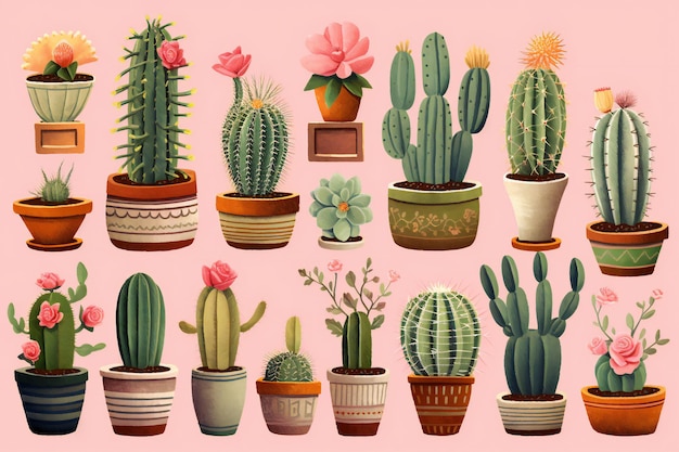 Set of cacti in pots illustration in retro style