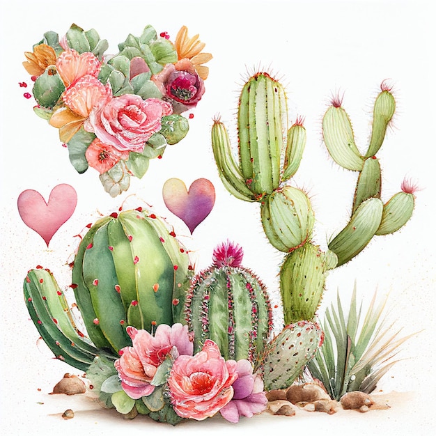 Set of cactus and blooming flower painting by watercolor created with Generative AI technology