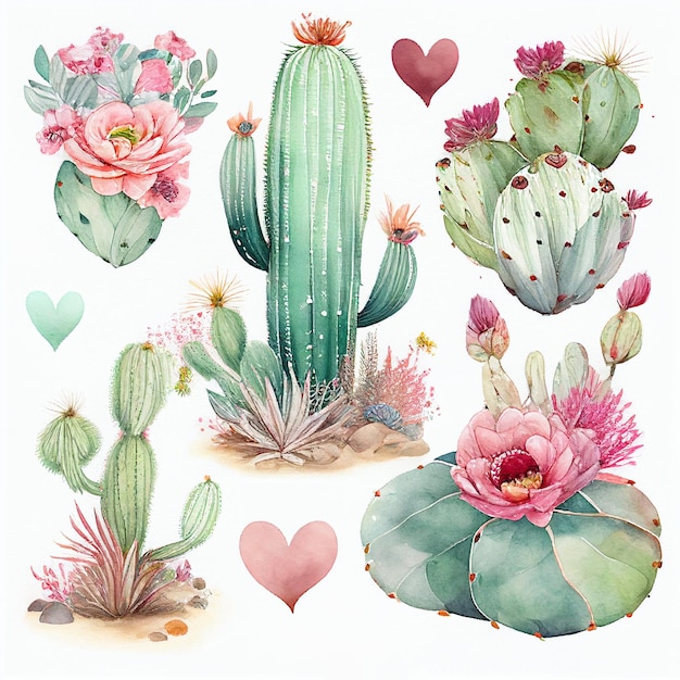 Set of cactus and blooming flower painting by watercolor created with Generative AI technology