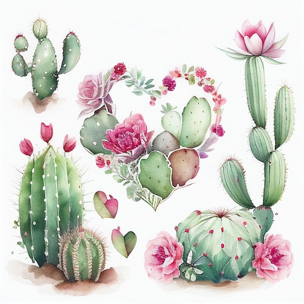 Set of cactus and blooming flower painting by watercolor created with Generative AI technology