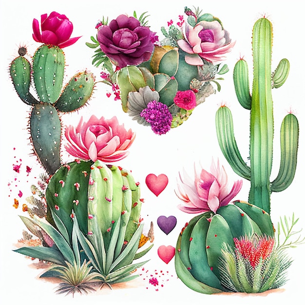 Set of cactus and blooming flower painting by watercolor created with Generative AI technology