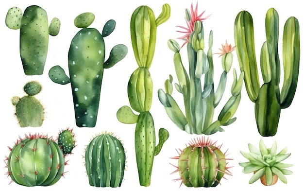 A set of cactus illustrations with watercolors.