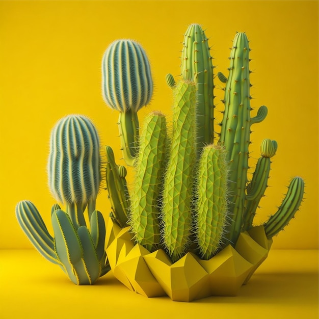 A set of cactuses and other plants are in a yellow background.