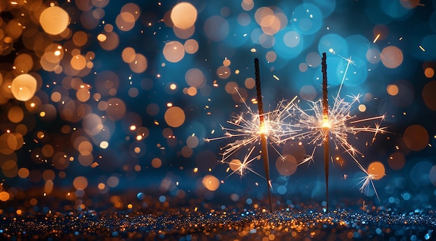 a set of candles with sparklers in the background