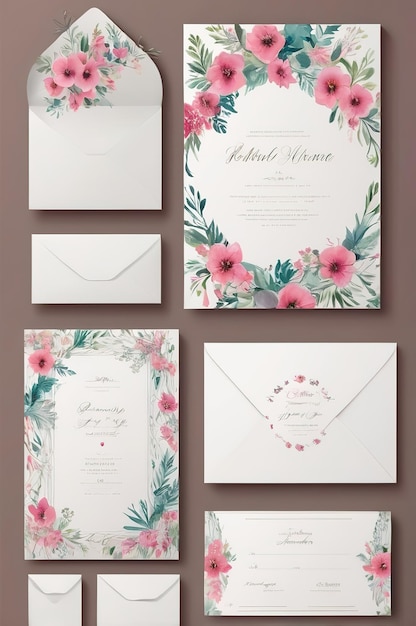 a set of cards with pink flowers and greenery