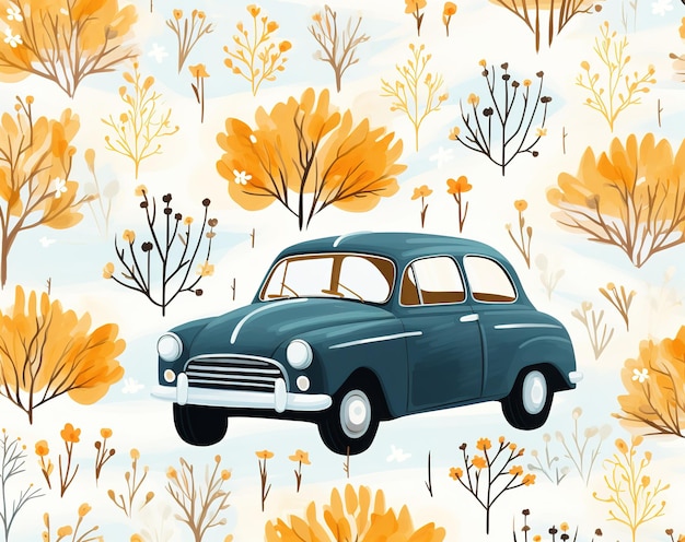 Set of cars postcard children's theme autumn