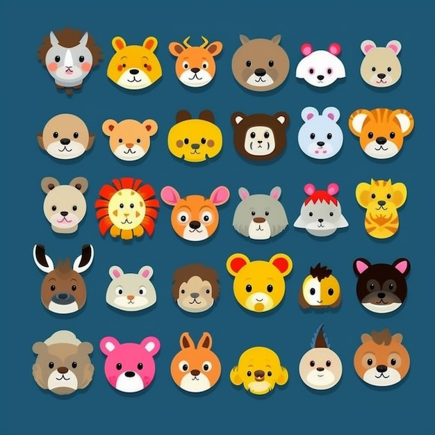 A set of cartoon animals with different faces and colors generative ai