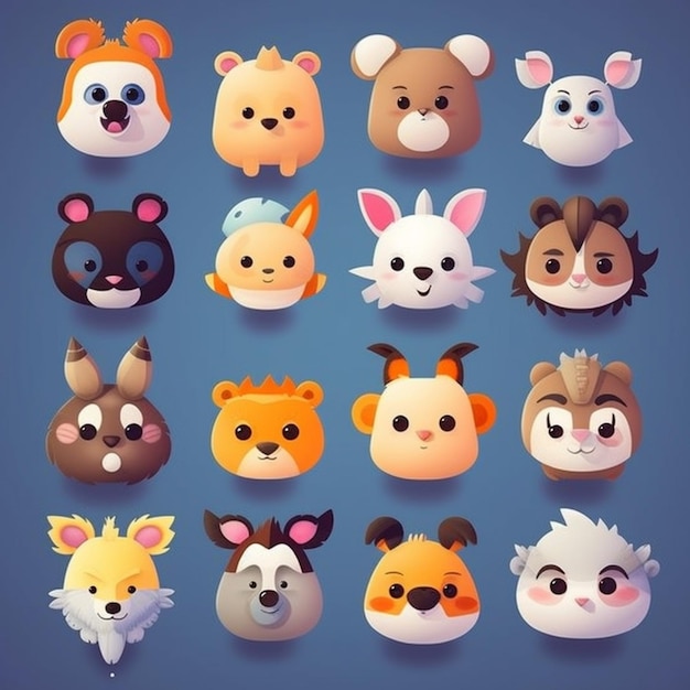 A set of cartoon animals with different faces and ears generative ai