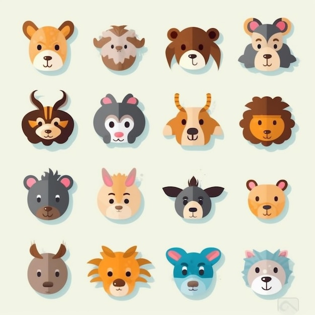 A set of cartoon animals with different faces generative ai