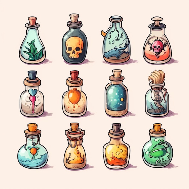 a set of cartoon bottles with different types of items inside generative ai