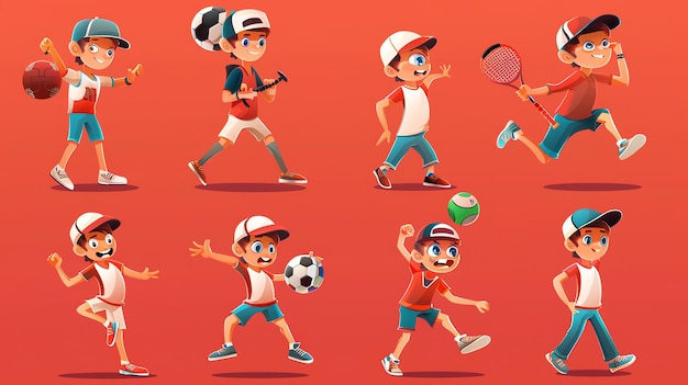 Set of cartoon boys playing sports