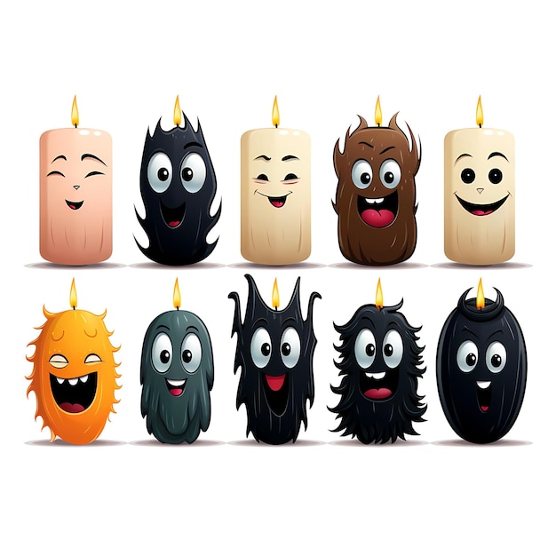 Set of cartoon candles with different faces and hair on them Generative AI