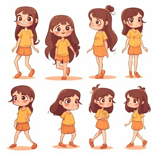 A set of cartoon characters for the girl with brown hair.