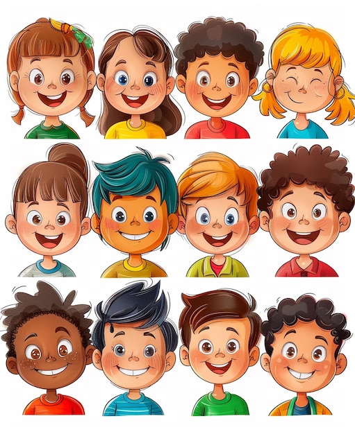 Photo a set of cartoon faces including children and adults