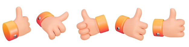 Set of cartoon human hands thumb up for good feedback positive concept Social media like symbol isolated over white background 3d rendering