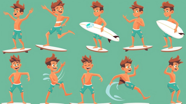 A set of cartoon illustrations featuring a surfer boy in various poses showing different actions and emotions