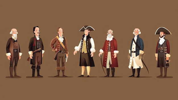 Photo a set of cartoon illustrations of historical figures in period clothing