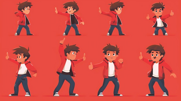 A set of cartoon illustrations of a young boy in a red jacket with various poses and facial expressions