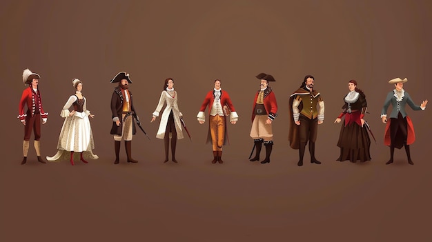 Photo a set of cartoon people wearing clothing from different historical periods