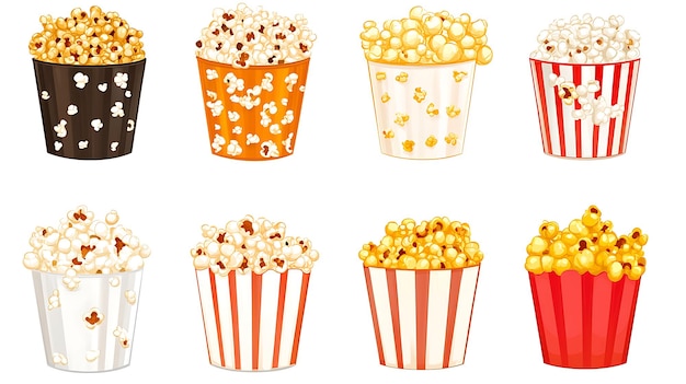 Photo set of cartoon popcorn buckets for movie theater party or snack time