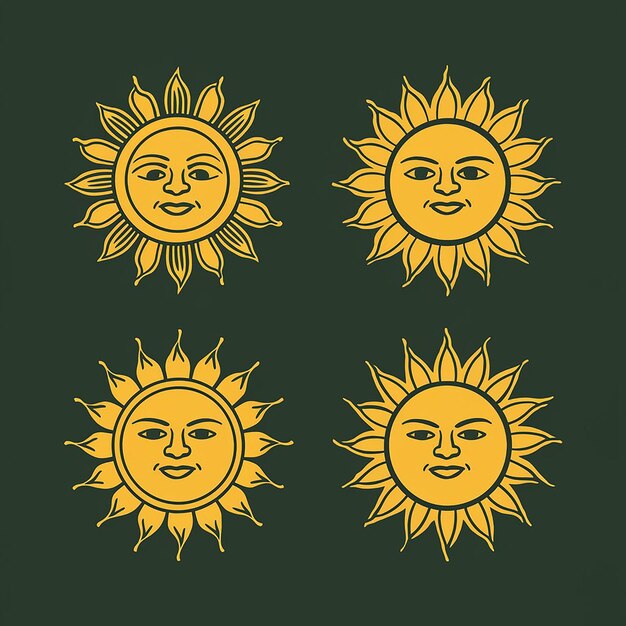 a set of cartoon sun faces on a dark background