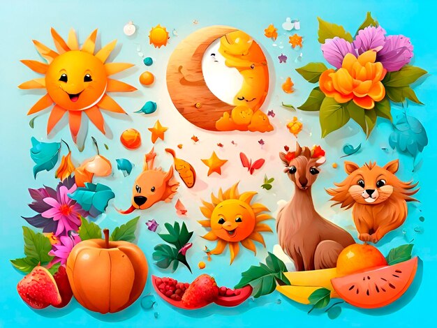 A set of cartoon with animals moon sun flower shapes fruit symbol birds and transparent back