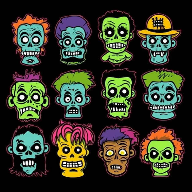 A set of cartoon zombie heads with different colors and sizes generative ai