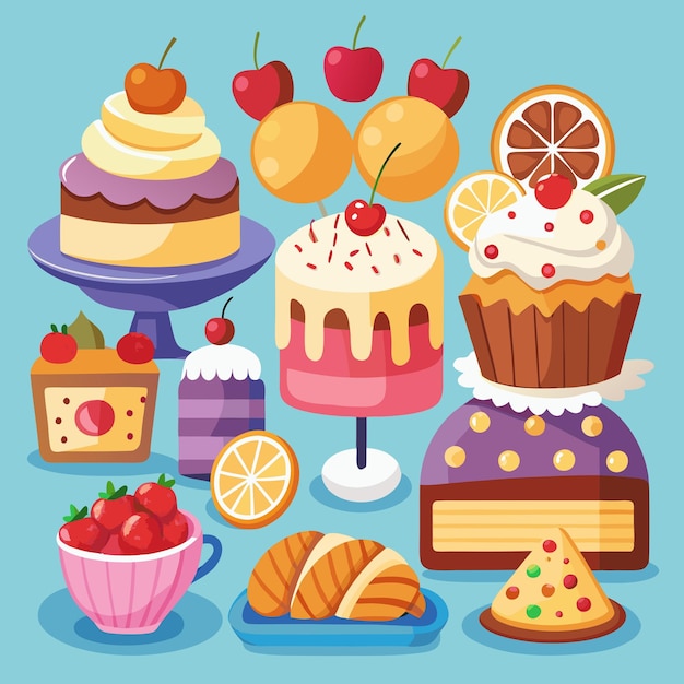 Set of cartoonstyle cakes and bakery items in a playful vector design