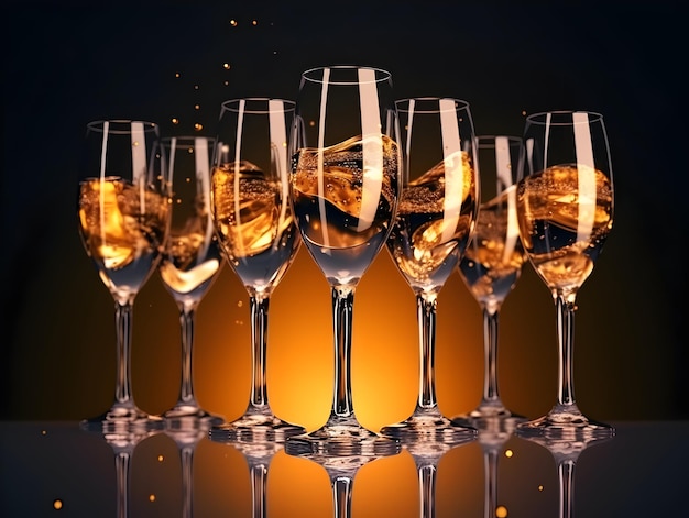 Set of champagne or wine glasses on dark background Holiday banner with glasses of sparkling wine or white wine for postcard poster web site Celebration mood Generative AI