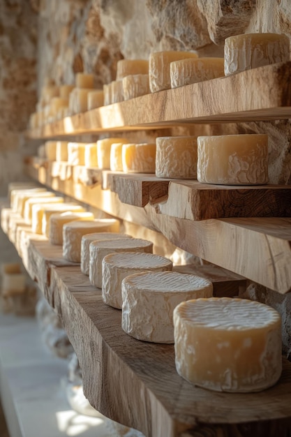 Photo a set of cheese aging racks isolated on a pastel yellow background capturing the process of maturing cheese