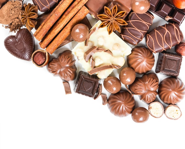 Set of chocolate candies isolated on white background