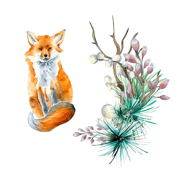 Set for Christmas composition with fox watercolor illustration isolated on white