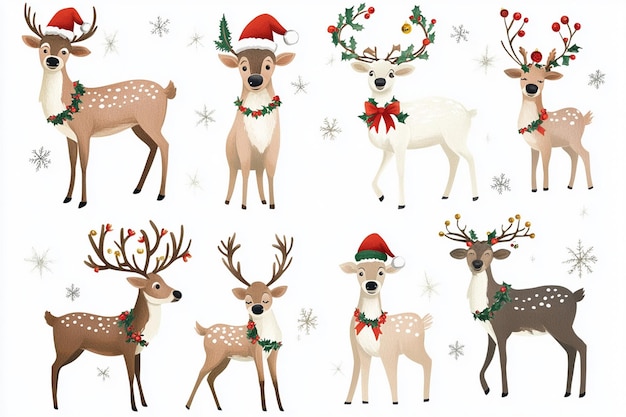 Photo a set of christmas deers with hats and hats