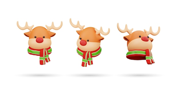 Set of Christmas Santa Reindeer Character 3d icon Isolated on White Background