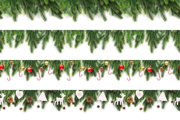 Set of Christmas tree branches on white background as a border or template for christmas card