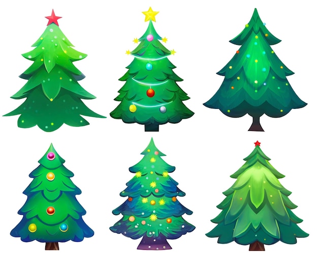 Set of christmas trees decorated with balls isolated on white background Digital illustration