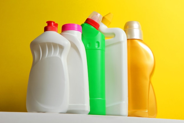 Set of cleaning products on a colored background closeup with a place for text